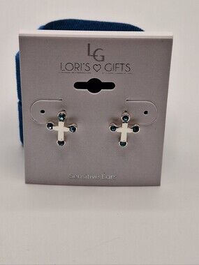 NWT Lori's Gifts Blue Crystal Cross Stud Earrings | Sensitive Ears | Silver Tone